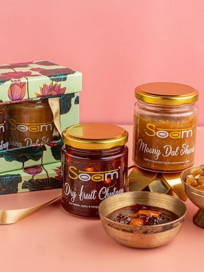 My Festive Favourites box is full of tradition and taste. It features my signature Moong Dal Sheera and Dry Fruit Chutney, a perfect gift for any celebration.