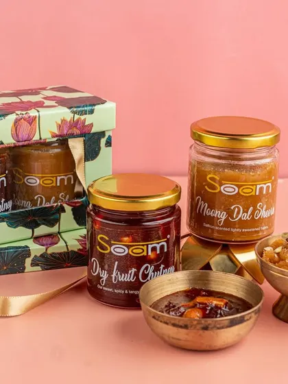 My Festive Favourites box is full of tradition and taste. It features my signature Moong Dal Sheera and Dry Fruit Chutney, a perfect gift for any celebration.