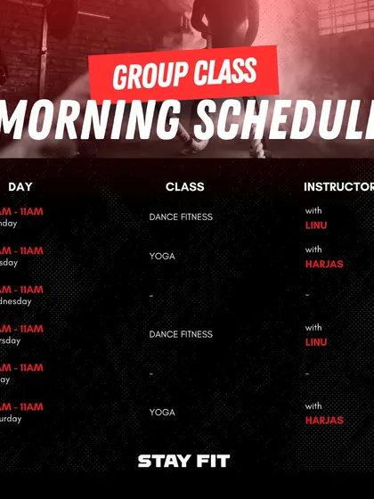 Here is the current morning schedule for our group classes. You can join me for yoga sessions on Tuesdays and Saturdays. It's a great way to start your day with mindful movement.