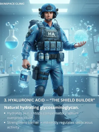 Hyaluronic Acid is "The Shield Builder." This natural hydrator deeply moisturizes the skin, which stops it from overproducing sebum to compensate for dryness. It also strengthens the skin barrier, indirectly regulating oil gland activity.