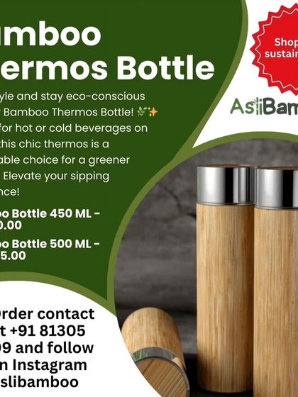 This advertisement for our bamboo thermos bottle highlights its stylish design and eco-friendly credentials. It includes pricing for two different sizes, making it easy to choose the perfect sustainable option for your needs.