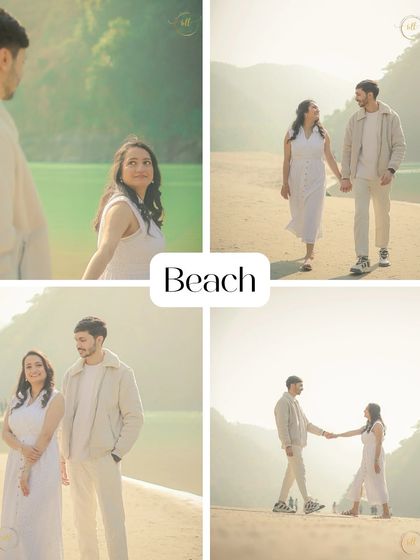 A collage showcasing the "beach" theme, with couples walking along the sandy banks of the Ganga in Rishikesh.