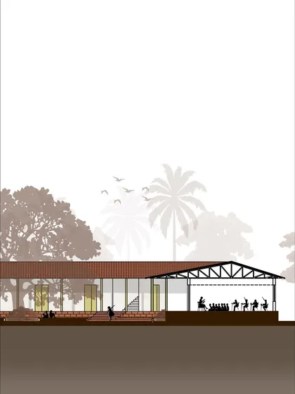 A cross-section drawing reveals the internal structure and layout of the campus buildings, including the assembly area. This level of detailed planning is how we ensure our spaces are not only beautiful but also highly functional.