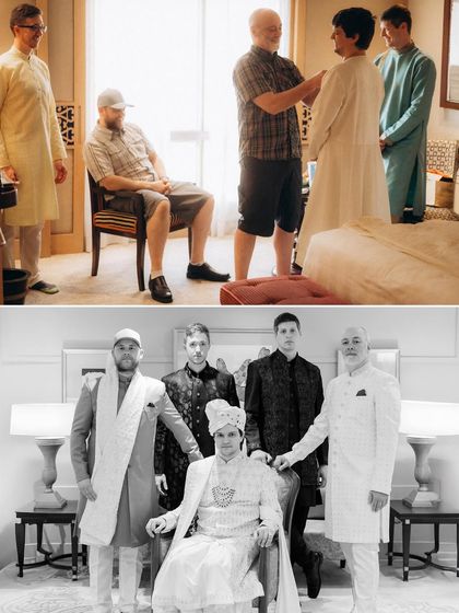 Behind the scenes with the groom and his groomsmen. From getting help with the outfit to a formal group portrait, I capture the story of their friendship.