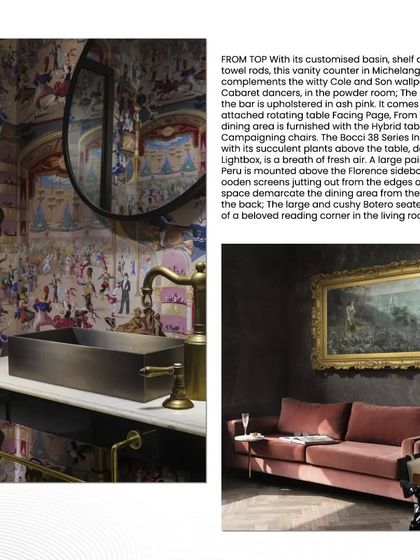 Details from the Elle Decor feature, showcasing the whimsical powder room with its 'Cole and Son' wallpaper and a cozy reading corner with a plush pink sofa.