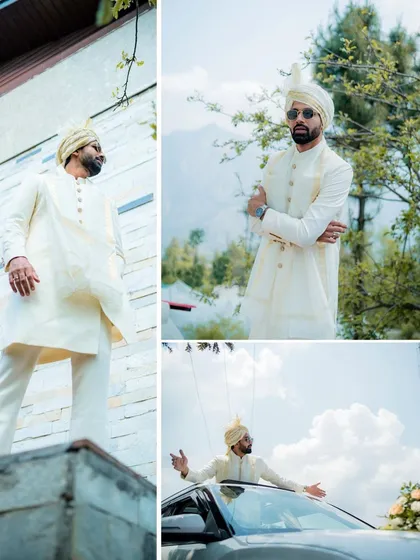 A collage of the groom looking dapper on his wedding day. These portraits showcase his style and confidence against the stunning mountain landscape.