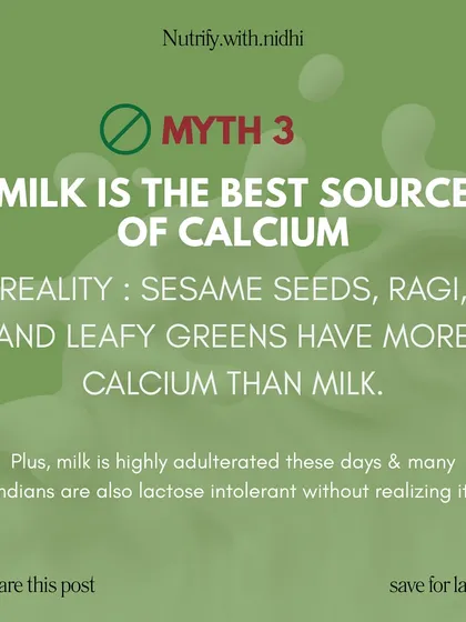 Myth: Milk is the best source of calcium. Reality: Sesame seeds, ragi, and leafy greens have more calcium than milk. I bust common Indian diet myths to help you embrace truths backed by science.