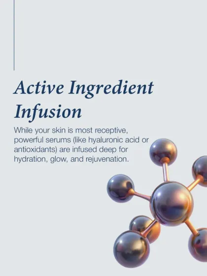 The third step is active ingredient infusion. While the skin is most receptive, I infuse powerful serums containing ingredients like hyaluronic acid or antioxidants to deeply hydrate, brighten, and rejuvenate.