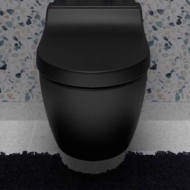 The bold, all-black toilet fixture against the terrazzo wall creates a strong monochromatic statement. This minimalist choice is both modern and highly stylized for a unique powder room design.