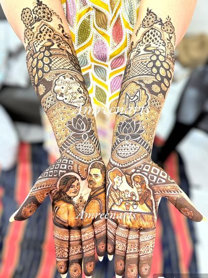 A full view of a stunning portrait design, showing how the couple's portrait, a coffee date scene, and other personal elements come together.