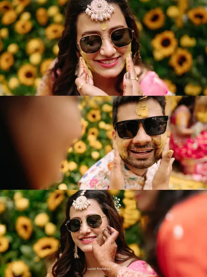 A triptych showing friends and family lovingly applying Haldi to the bride and groom's faces.