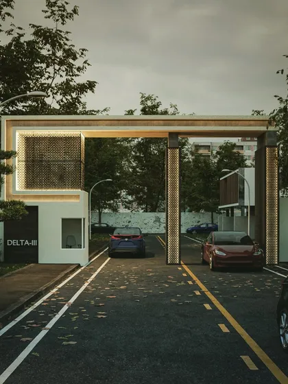 Another perspective of the Delta entrance gate concept, focusing on the interplay of light, shadow, and materials. Our renders help clients visualize exactly how the final project will look and feel.