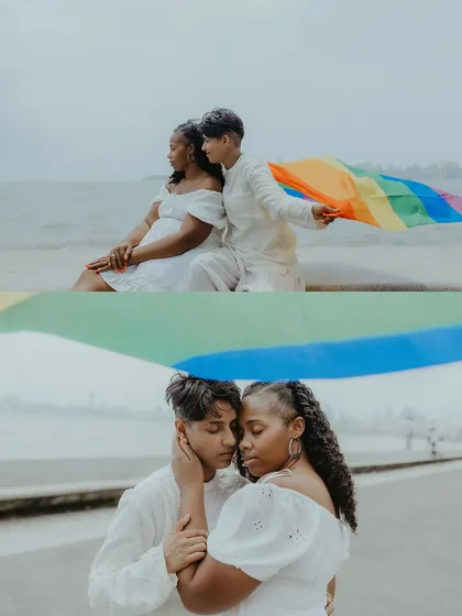 A powerful two-panel image showing the couple sharing a quiet moment and then an intimate embrace under the pride flag, symbolizing their love and identity.