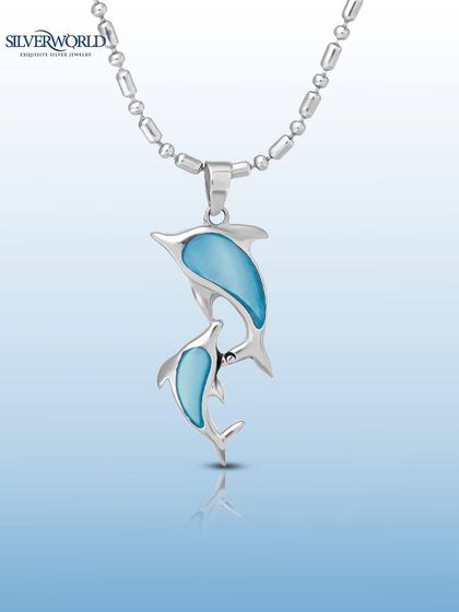 Embrace the serene spirit of the ocean with our Dolphin Pendant. This design features a mother and baby dolphin filled with a beautiful blue inlay, crafted in 925 silver to keep the sea close to your heart.