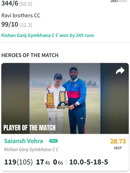 The scorecard showing Saiansh Vohra's all-round performance of 119 runs and 5 wickets, making him the clear 'Player of the Match'.