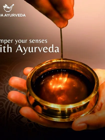 Medicated oils are the heart of many Ayurvedic therapies. This image shows a traditional brass bowl with warm herbal oil, ready to be used to pamper your senses and heal your body.
