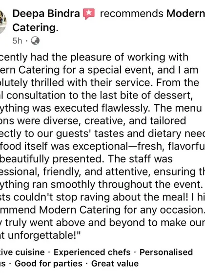 We are thrilled to receive such a detailed and positive review from Deepa Bindra. Her comments on our diverse menu, flawless execution, and professional staff are a great source of pride for our team.