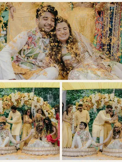 This collage captures the energy of the Haldi. The top frame shows a beautiful, candid moment of the couple covered in petals, while the bottom frames show the lively celebration with their loved ones.