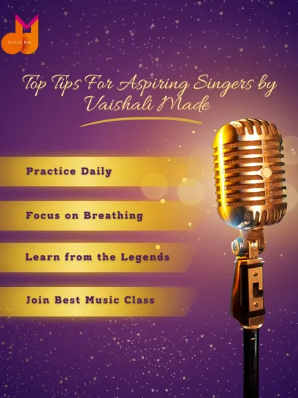 Here are my top tips for aspiring singers. This graphic shares essential advice: practice daily, focus on breathing, learn from the legends, and join the best music class to guide your journey.