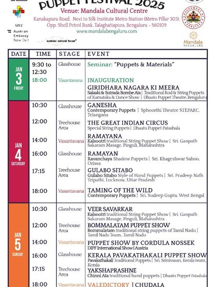 The full three-day schedule for the Dhaatu International Puppet Festival 2025, a celebration of puppetry from India and around the world.