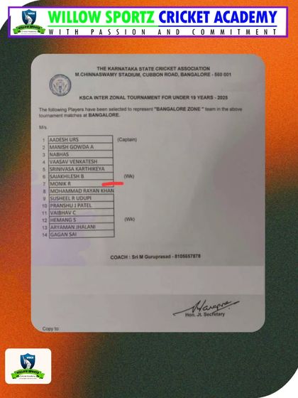 The official list from KSCA for the Inter-Zonal U-19 tournament, with our player Monik R's name highlighted. We celebrate every step of our players' success.