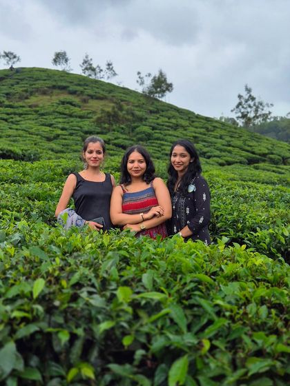 Three friends posing in a lush tea garden during our Gangadikal trek.