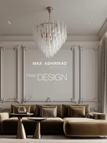This is a 3D visualization of a luxurious living room concept. It features a plush velvet sofa, a stunning glass chandelier, and classic wall molding, all planned digitally before execution.