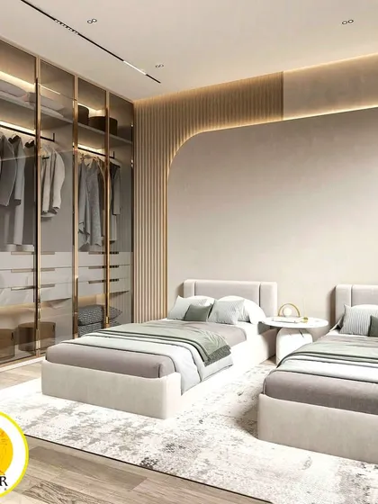 We designed this elegant master bedroom to be a tranquil retreat. It features two single beds, a stunning floor-to-ceiling glass wardrobe with internal lighting, and a curved, fluted feature wall, demonstrating our skill in crafting bespoke bedroom furniture and storage solutions.