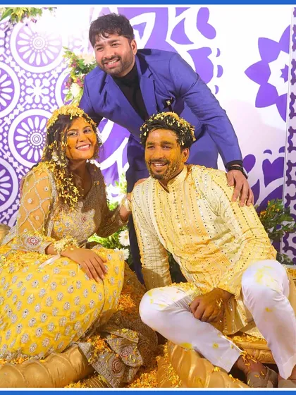 Another happy moment with the couple and their friend. The Haldi ceremony is a time for bonding and fun.