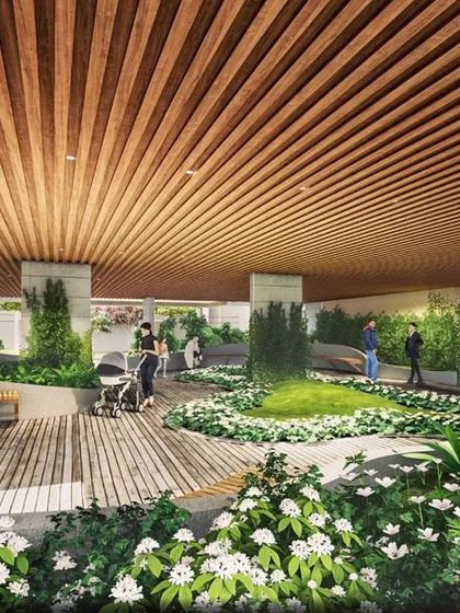 A biophilic design concept for a stilt area in a Jhansi housing project. We transformed this typically underutilized space into a beautiful and beneficial community garden with seating, pathways, and abundant greenery.