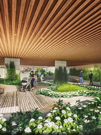 A biophilic design concept for a stilt area in a Jhansi housing project. We transformed this typically underutilized space into a beautiful and beneficial community garden with seating, pathways, and abundant greenery.