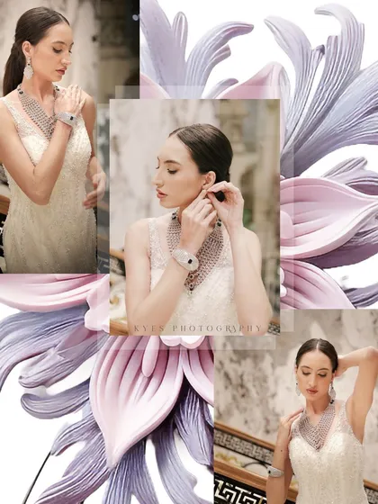 An artistic collage from a fashion and jewelry photoshoot. The model's elegant poses are blended with floral graphics, creating a soft and sophisticated visual.