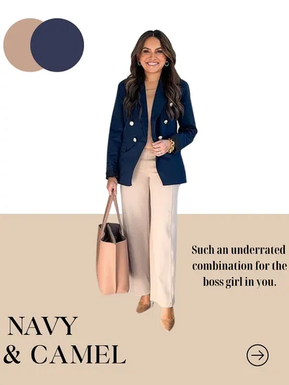 Navy and camel is such an underrated color combination for a powerful, boss girl look. This pairing is sophisticated, timeless, and perfect for creating a polished and professional ensemble.