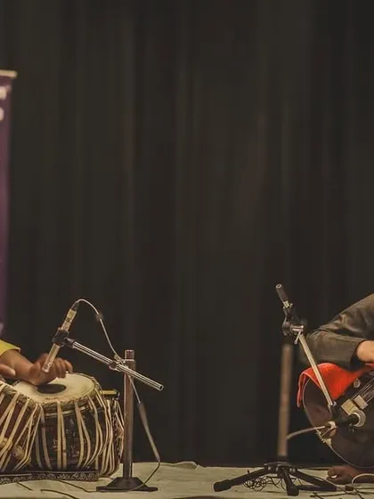 Another cherished photograph from my performance with Pt. Ram Kumar Mishra Ji. His rhythmic support on the tabla provides the perfect foundation for melodic exploration.