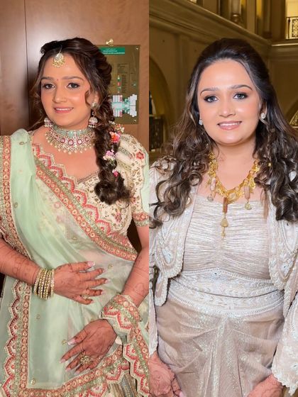 A side-by-side comparison of the bride's Sangeet and Wedding looks. Both are elegant and stunning, yet distinct, showcasing the versatility I offer for different events.