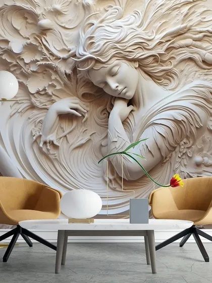 A stunning 3D sculptural wallpaper of a sleeping woman with flowing hair. This artistic piece turns a wall into a true work of art.