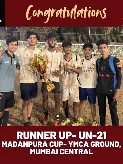 **Madanpura Cup (Under 21):** Our Under-21 team proudly displaying their Runner-Up trophy from the Madanpura Cup at YMCA Ground, Mumbai Central.