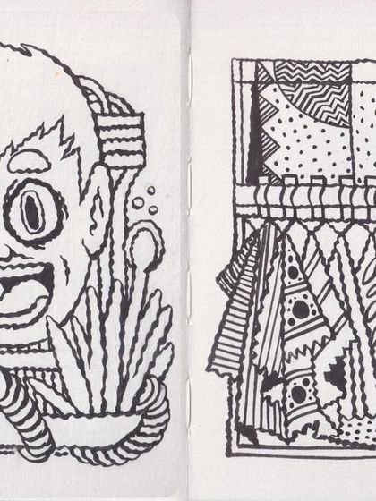 On the left, a whimsical, expressive character. On the right, an abstract pattern study of folded fabrics. My sketchbook is a place for all kinds of exploration.