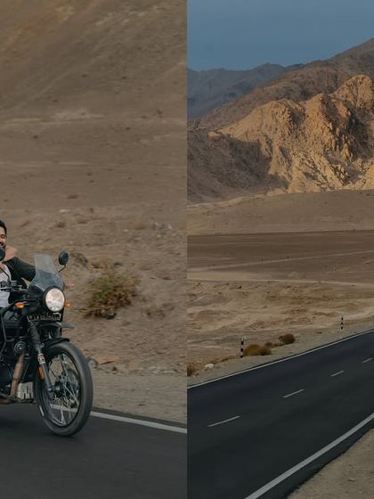 An adventurous pre-wedding shoot on the open roads of Ladakh. This diptych captures the spirit of a journey together on a classic motorcycle.
