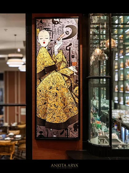 This unique, framed artwork for Shanghigh features a woman in a traditional oriental dress, with the pattern of her gown made up of intricate, tiny doodles and characters.