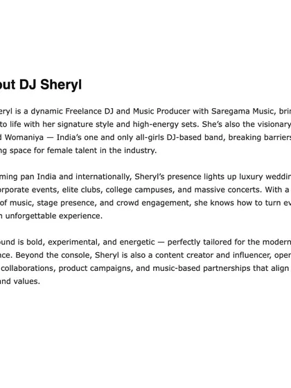 An 'About Me' snippet from my Loofre feature, highlighting my work as a freelance DJ, music producer, and the visionary behind the 'Womaniya' all-girls band.