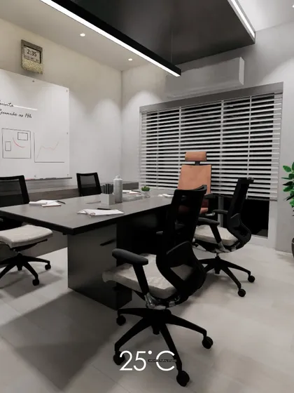 Our design process begins with photorealistic 3D visualizations, allowing clients to experience their future space before construction begins. This render of a corporate meeting room showcases a clean, professional aesthetic with a focus on functionality, from the ergonomic seating to the integrated whiteboard for brainstorming sessions.