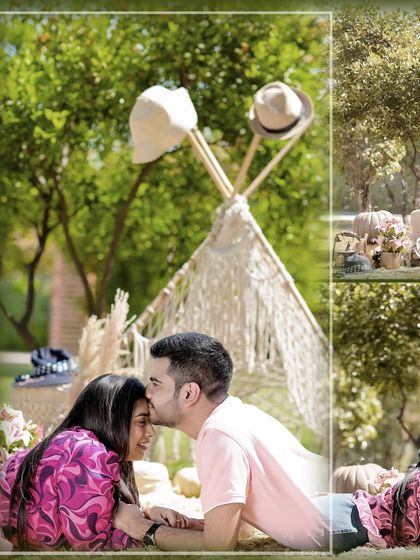 A collage of tender moments from a bohemian-themed picnic shoot, including forehead kisses and shared smiles.
