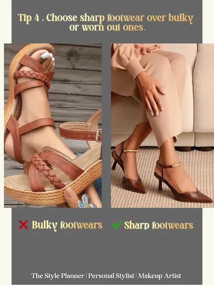 Tip 4: Choose sharp footwear over bulky or worn-out ones. The right pair of shoes can make or break an outfit. Pointed toes and clean lines always look more premium.