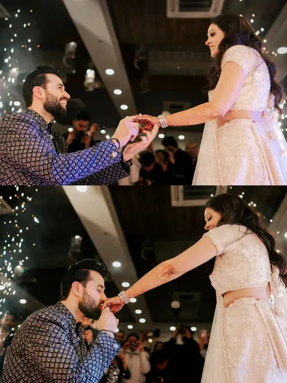A collage capturing the emotional and joyful moment of the ring exchange during the couple's engagement ceremony.