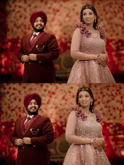 A two-panel shot capturing the couple's expressions during their engagement ceremony.