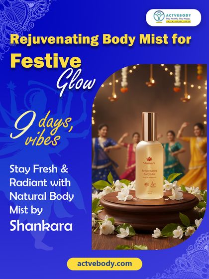 Nine days, nine vibes, one festive glow. This image of Shankara's Natural Body Mist against a backdrop of Garba dancers suggests staying fresh and radiant through the Navratri celebrations with this uplifting spritz.