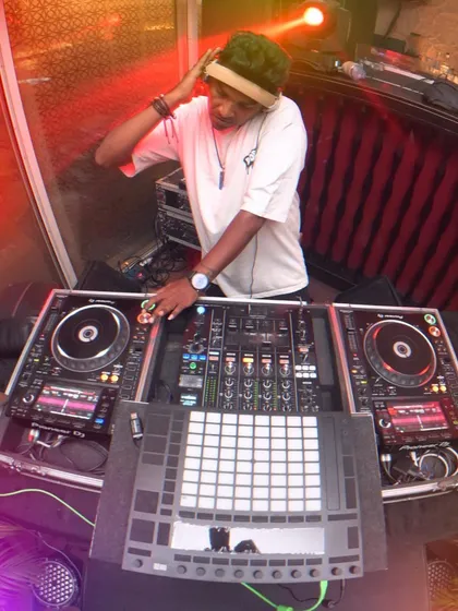 A duplicate fisheye shot of my DJ setup.