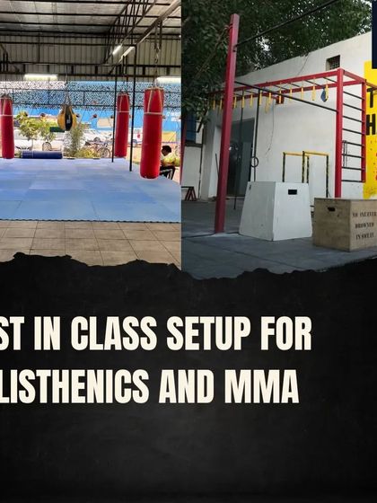 A collage showing our best-in-class setup, with a dedicated matted area for MMA and a comprehensive outdoor calisthenics rig.