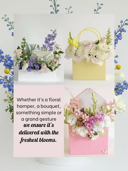 We believe floral gifts can be presented in unique ways. This image shows some of our creative arrangements, including flowers styled in elegant envelopes and chic paper bags for a modern twist on the classic bouquet.